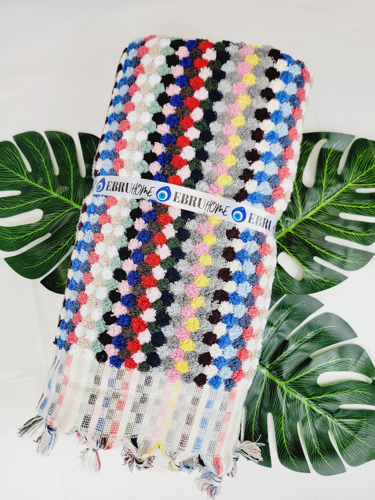 Serviettes de bain extra douces, serviettes à pompons en coton turc biologique multicolore