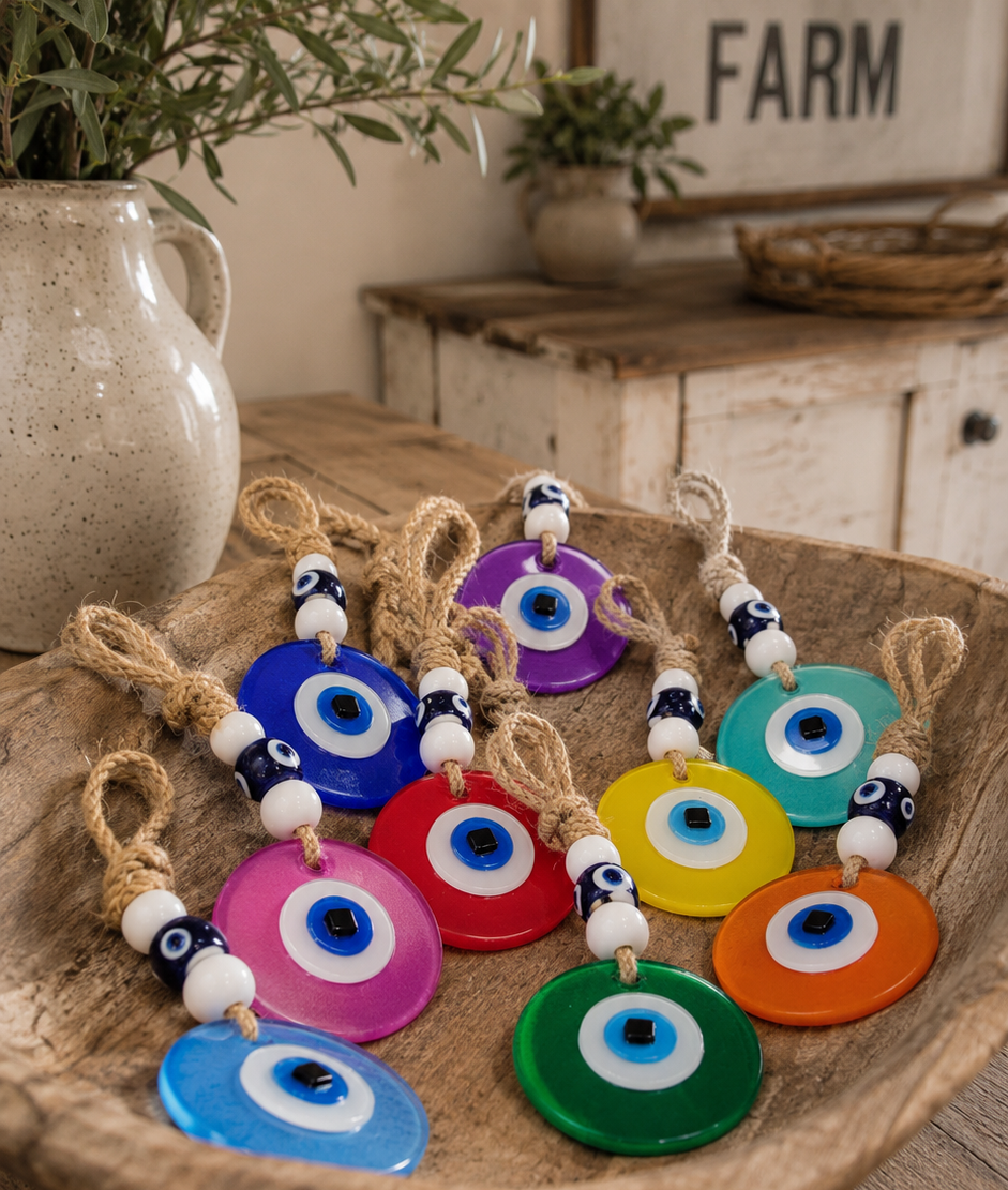 Evil Eye Wall Hanging - Handmade Glass Home Decor, Matte Blue Fusion 7 Inch