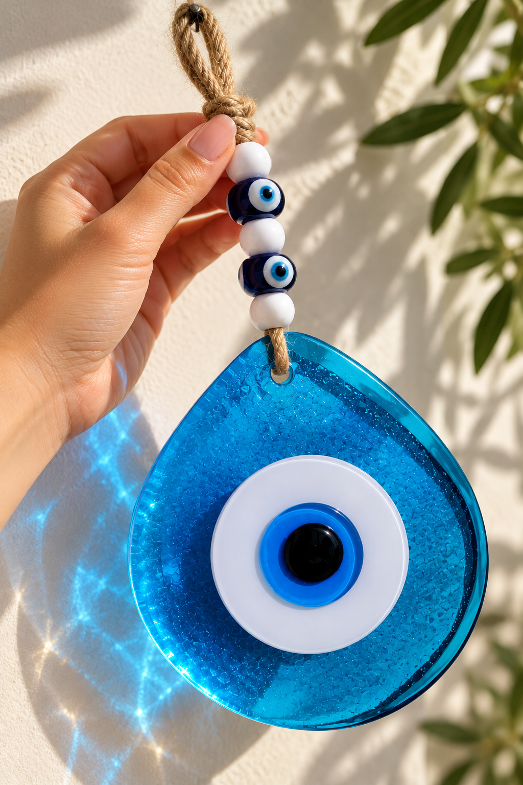 Jumbo Transparent Blue Glass Evil Eye Wall Hanging with Beads 10 Inch