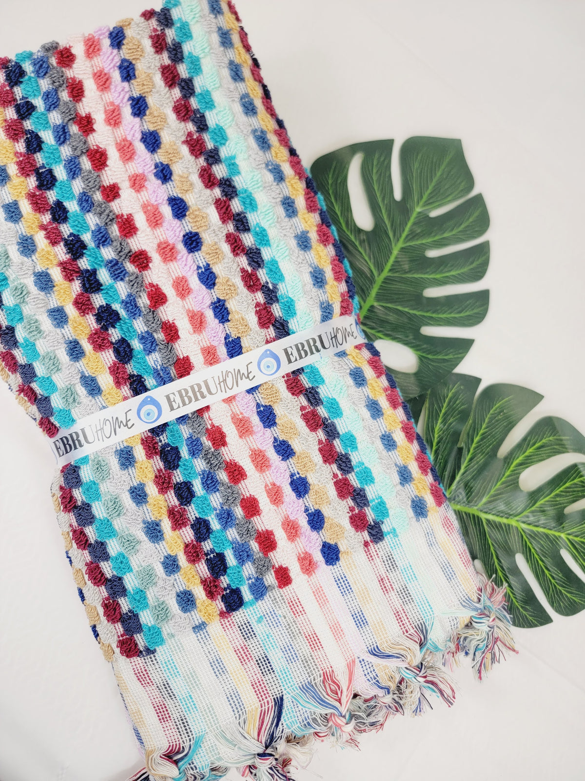 Serviettes de bain, serviettes en coton biologique turc à pompons multicolores roses
