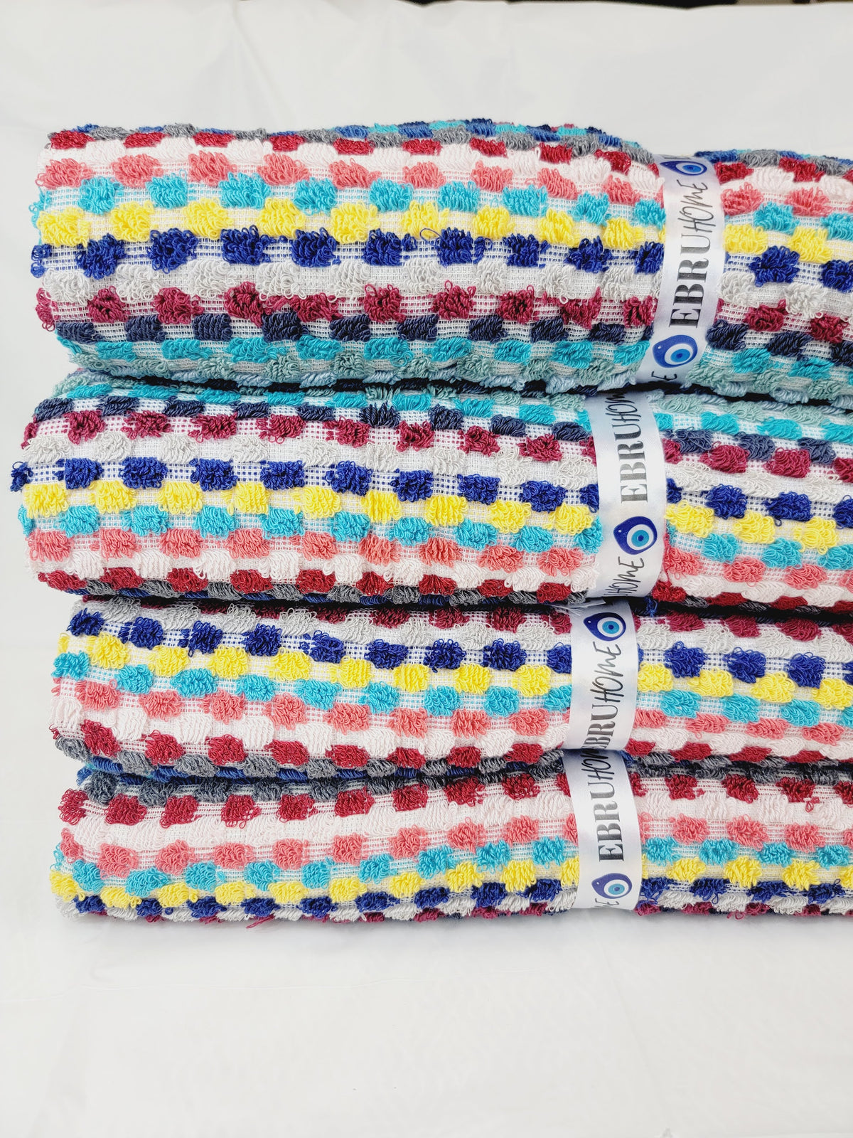 Bath Towels, Organic Turkish Cotton Pom Pom Towels in Red Multicolor