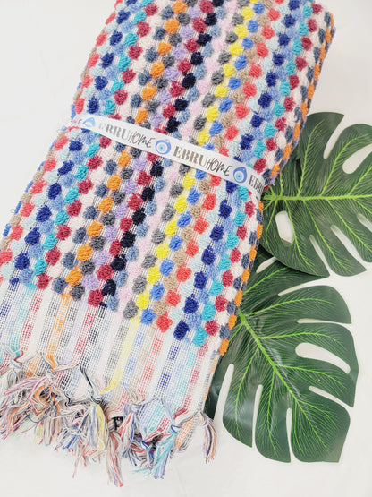 Bath Towels, Organic Turkish Cotton Pom Pom Towels in Orange Multicolor