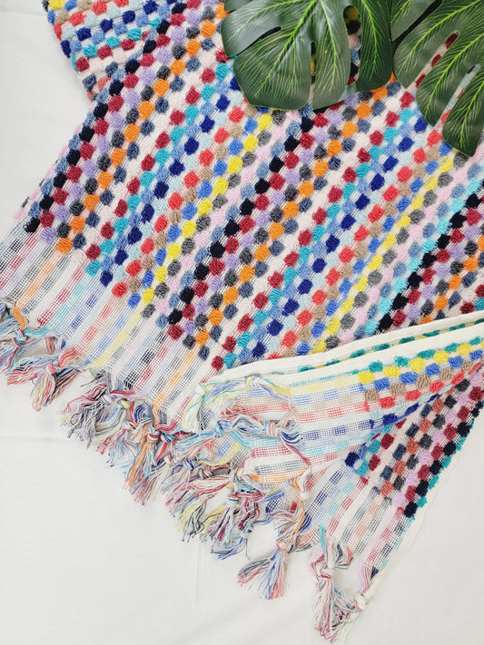 Bath Towels, Organic Turkish Cotton Pom Pom Towels in Orange Multicolor
