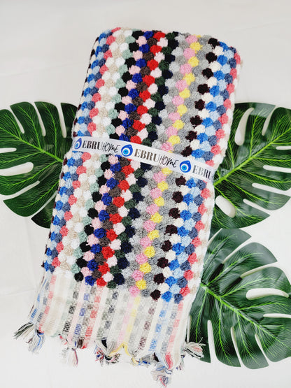 Serviettes de bain extra douces, serviettes à pompons en coton turc biologique multicolore