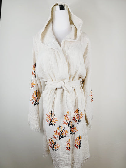 Muslin Kimono Robe, Soft and Cozy, Organic Cotton Muslin Kaftan  Reef Motif