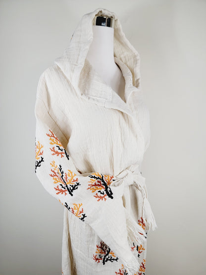 Muslin Kimono Robe, Soft and Cozy, Organic Cotton Muslin Kaftan  Reef Motif