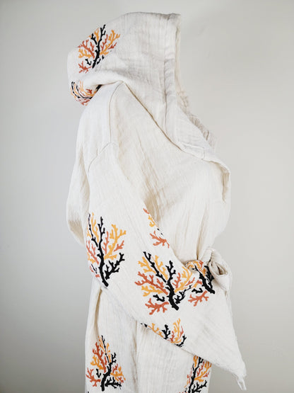 Muslin Kimono Robe, Soft and Cozy, Organic Cotton Muslin Kaftan  Reef Motif