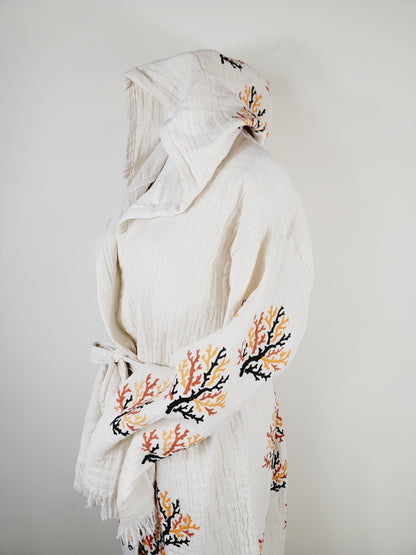 Muslin Kimono Robe, Soft and Cozy, Organic Cotton Muslin Kaftan  Reef Motif
