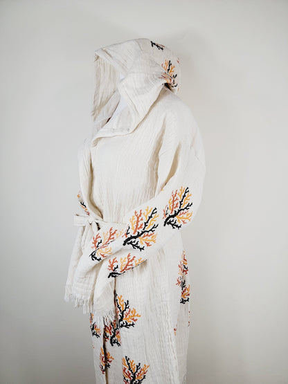 Muslin Kimono Robe, Soft and Cozy, Organic Cotton Muslin Kaftan  Reef Motif