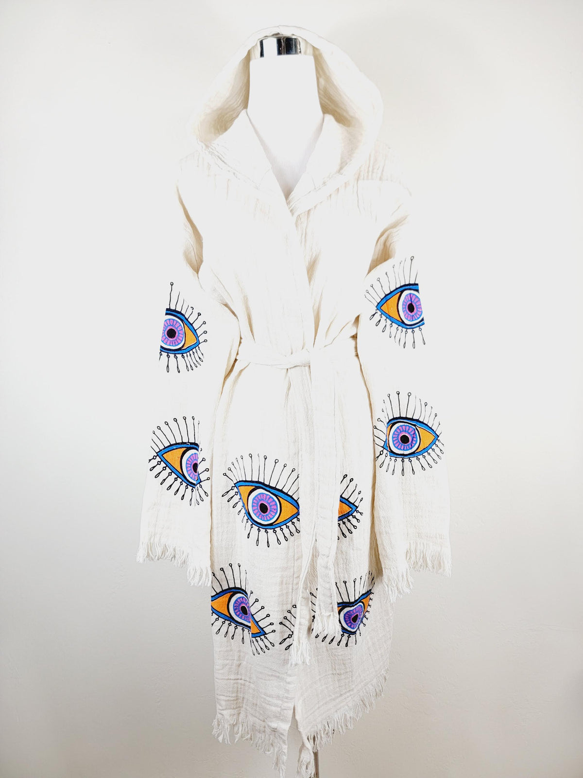 Muslin Kimono Robe, Soft and Cozy, Organic Cotton Muslin Kaftan, Evil Eye Motif
