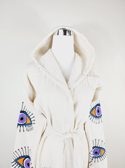 Muslin Kimono Robe, Soft and Cozy, Organic Cotton Muslin Kaftan, Evil Eye Motif