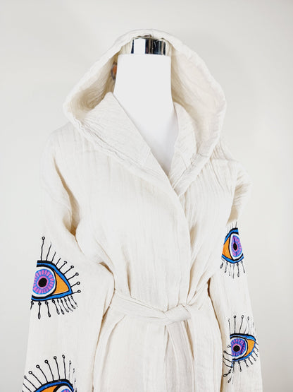 Muslin Kimono Robe, Soft and Cozy, Organic Cotton Muslin Kaftan, Evil Eye Motif