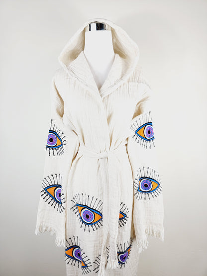 Muslin Kimono Robe, Soft and Cozy, Organic Cotton Muslin Kaftan, Evil Eye Motif