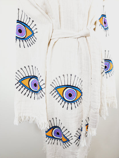 Muslin Kimono Robe, Soft and Cozy, Organic Cotton Muslin Kaftan, Evil Eye Motif