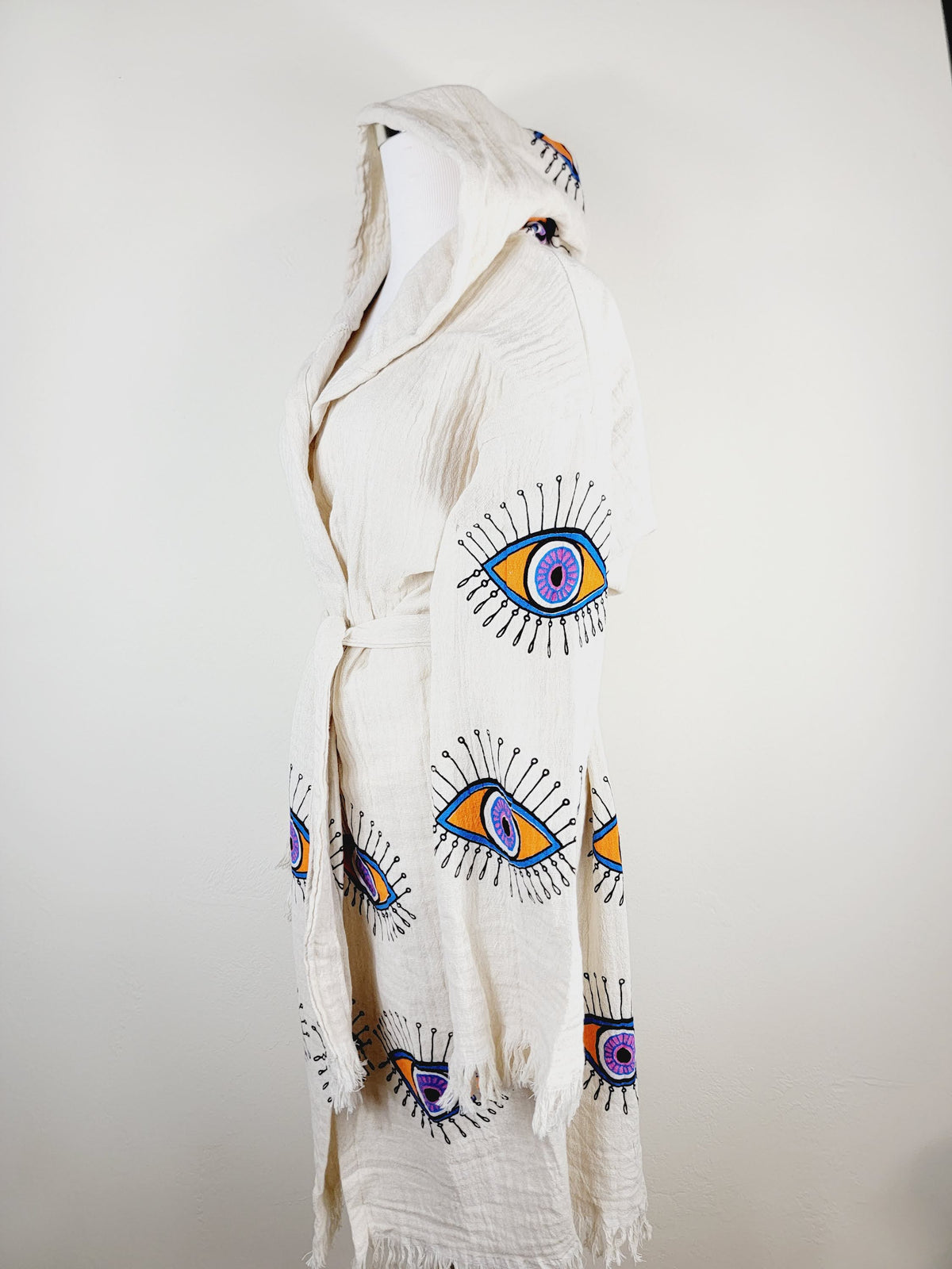 Muslin Kimono Robe, Soft and Cozy, Organic Cotton Muslin Kaftan, Evil Eye Motif
