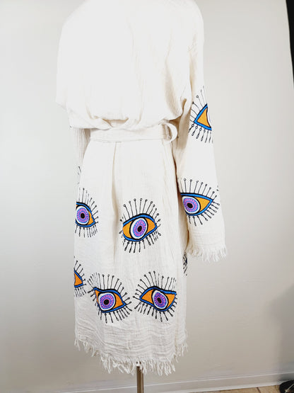 Muslin Kimono Robe, Soft and Cozy, Organic Cotton Muslin Kaftan, Evil Eye Motif