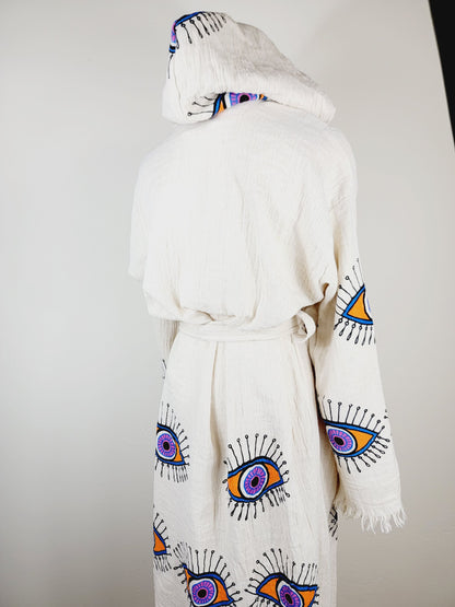 Muslin Kimono Robe, Soft and Cozy, Organic Cotton Muslin Kaftan, Evil Eye Motif