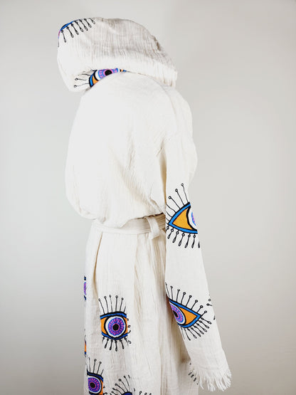 Muslin Kimono Robe, Soft and Cozy, Organic Cotton Muslin Kaftan, Evil Eye Motif