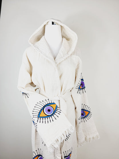 Muslin Kimono Robe, Soft and Cozy, Organic Cotton Muslin Kaftan, Evil Eye Motif