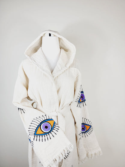 Muslin Kimono Robe, Soft and Cozy, Organic Cotton Muslin Kaftan, Evil Eye Motif
