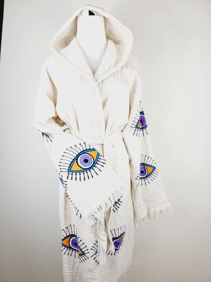 Muslin Kimono Robe, Soft and Cozy, Organic Cotton Muslin Kaftan, Evil Eye Motif