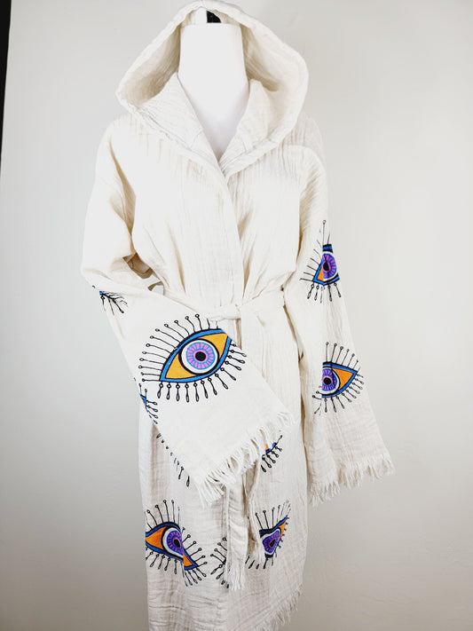Peignoir kimono en mousseline, doux et confortable, kaftan en coton biologique, motif œil porte-bonheur