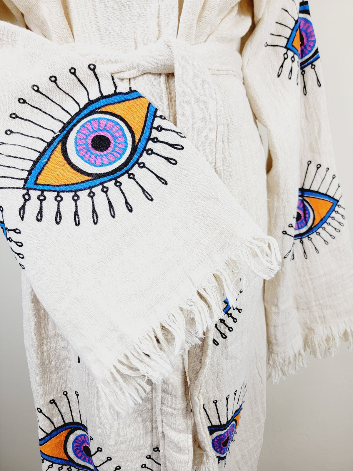 Muslin Kimono Robe, Soft and Cozy, Organic Cotton Muslin Kaftan, Evil Eye Motif
