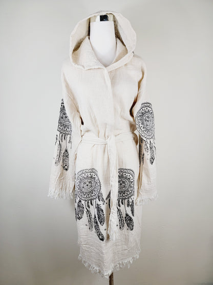 Peignoir kimono en mousseline doux et douillet, caftan en mousseline de coton biologique au motif attrape-rêves