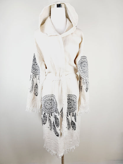 Peignoir kimono en mousseline doux et douillet, caftan en mousseline de coton biologique au motif attrape-rêves