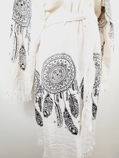 Peignoir kimono en mousseline doux et douillet, caftan en mousseline de coton biologique au motif attrape-rêves