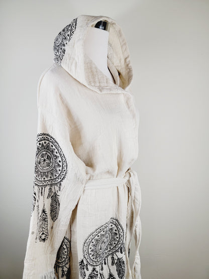 Peignoir kimono en mousseline doux et douillet, caftan en mousseline de coton biologique au motif attrape-rêves