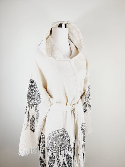 Peignoir kimono en mousseline doux et douillet, caftan en mousseline de coton biologique au motif attrape-rêves