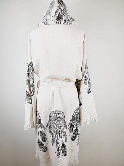 Peignoir kimono en mousseline doux et douillet, caftan en mousseline de coton biologique au motif attrape-rêves