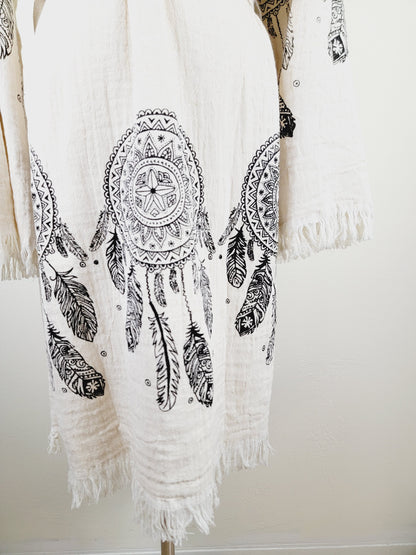 Peignoir kimono en mousseline doux et douillet, caftan en mousseline de coton biologique au motif attrape-rêves