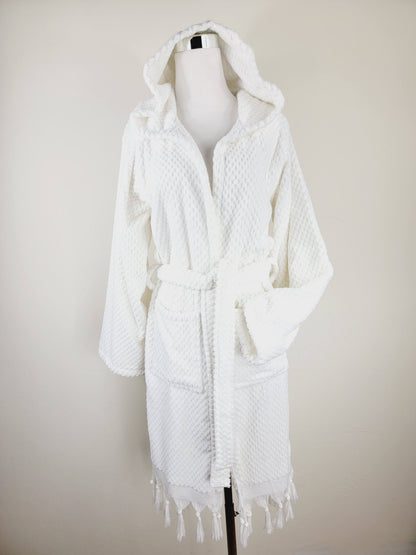 Peignoir unisexe, peignoir de plage, peignoir de spa avec poches, peignoir blanc à pompons