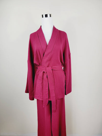 Breathable Muslin Set for Women, Versatile Everyday Wear , Cherry