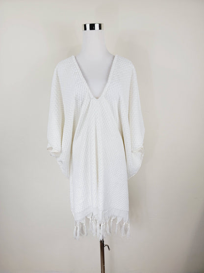 Paréo de plage taille unique – parfait pour la plage, blanc avec pompons