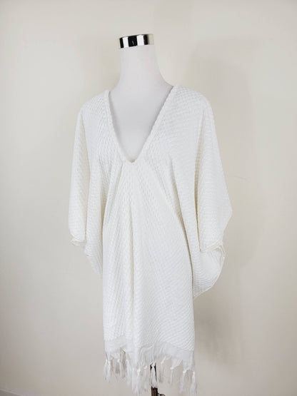 Paréo de plage taille unique – parfait pour la plage, blanc avec pompons