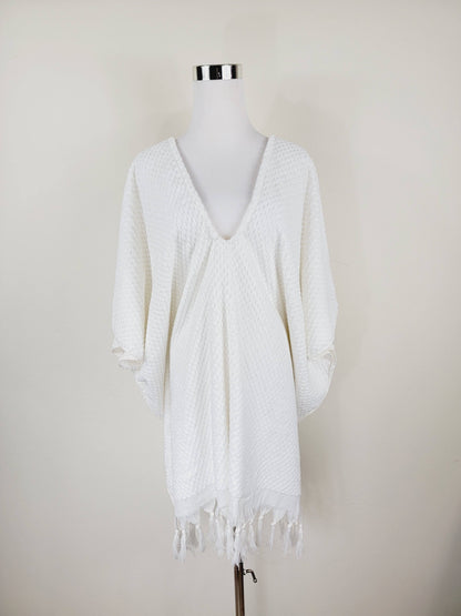 Paréo de plage taille unique – parfait pour la plage, blanc avec pompons