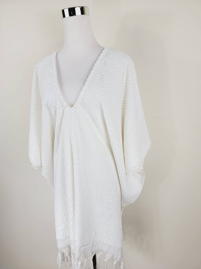 Paréo de plage taille unique – parfait pour la plage, blanc avec pompons
