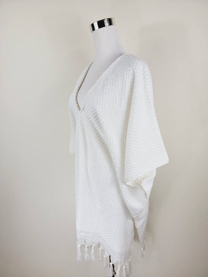 Paréo de plage taille unique – parfait pour la plage, blanc avec pompons