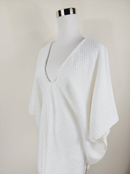 Paréo de plage taille unique – parfait pour la plage, blanc avec pompons