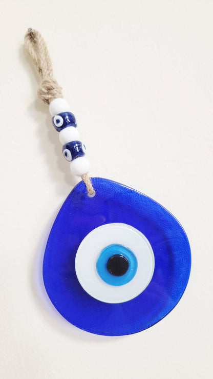 Jumbo Blue Glass Evil Eye Wall Hanging with Beads 10 Inch