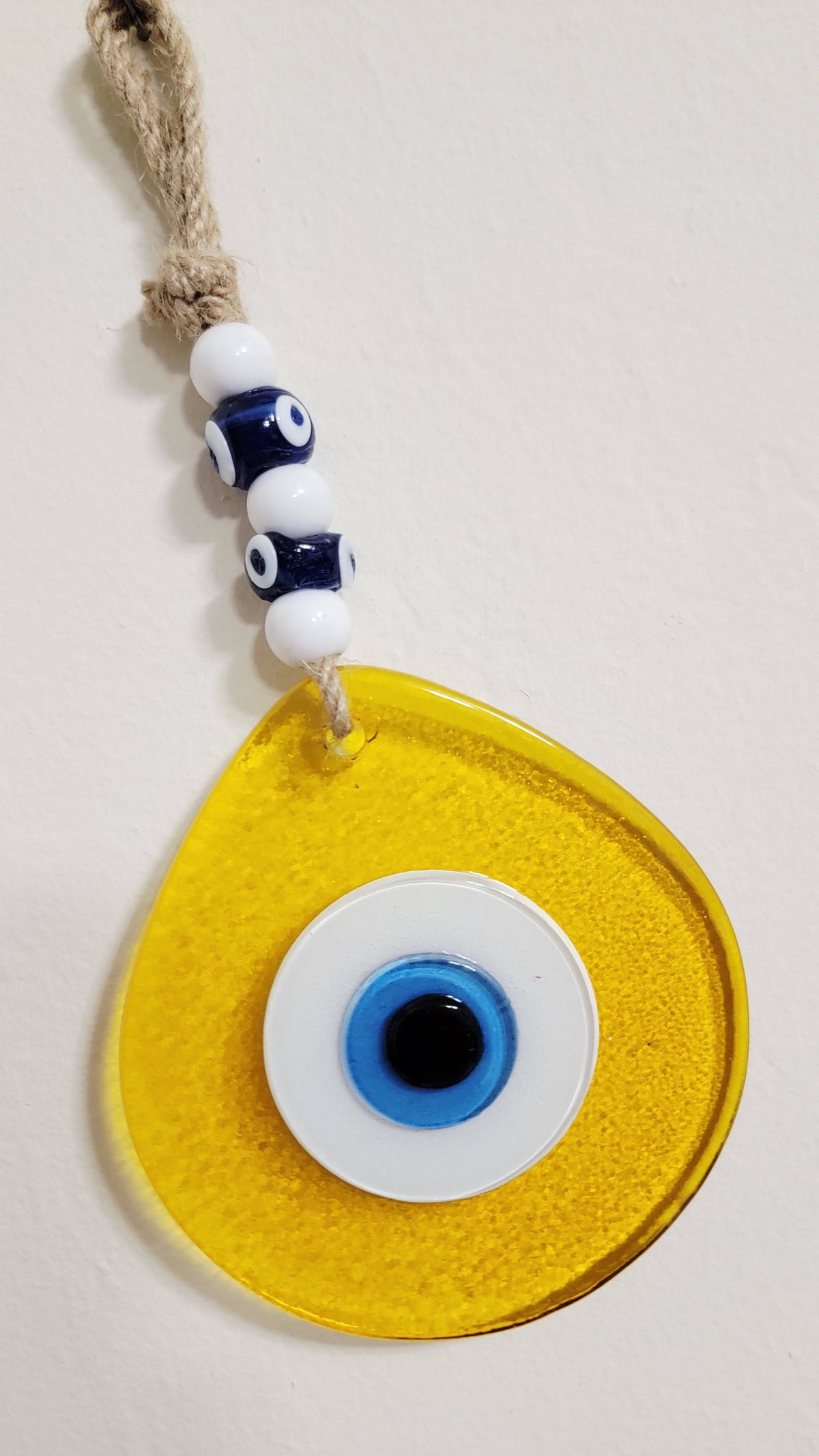 Jumbo Transparent Yellow Glass Evil Eye Wall Hanging with Beads 10 Inch