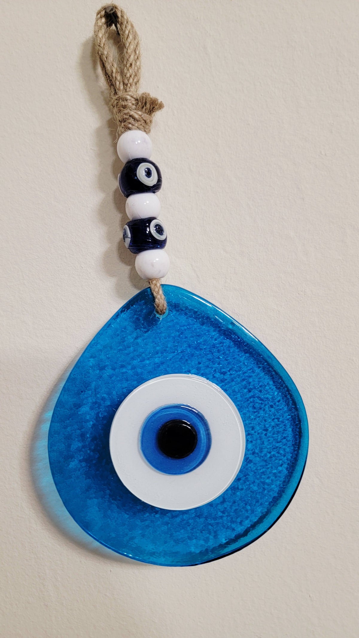 Jumbo Transparent Blue Glass Evil Eye Wall Hanging with Beads 10 Inch