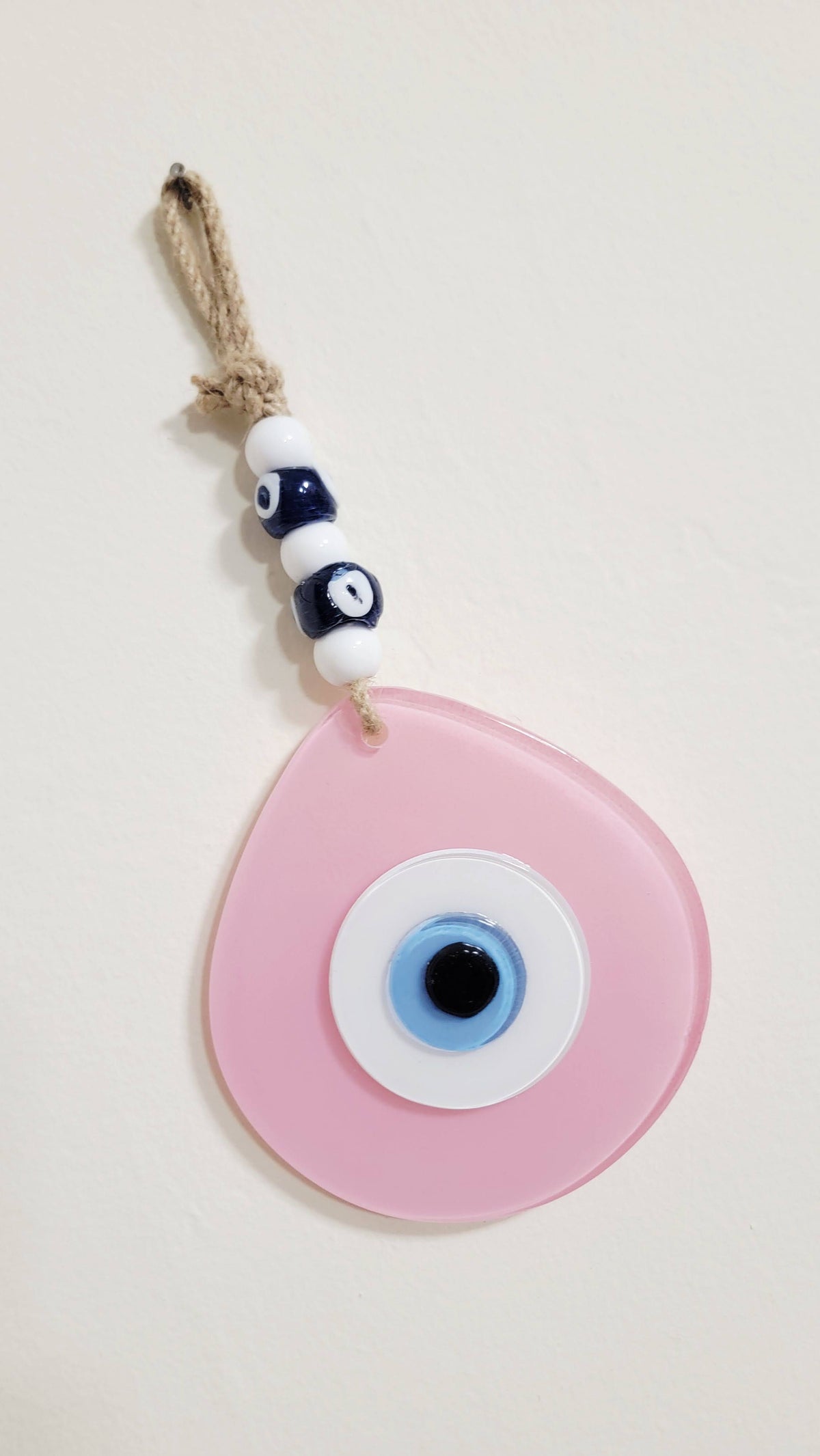 Jumbo Matte Pink Glass Evil Eye Wall Hanging with Beads 10 Inch
