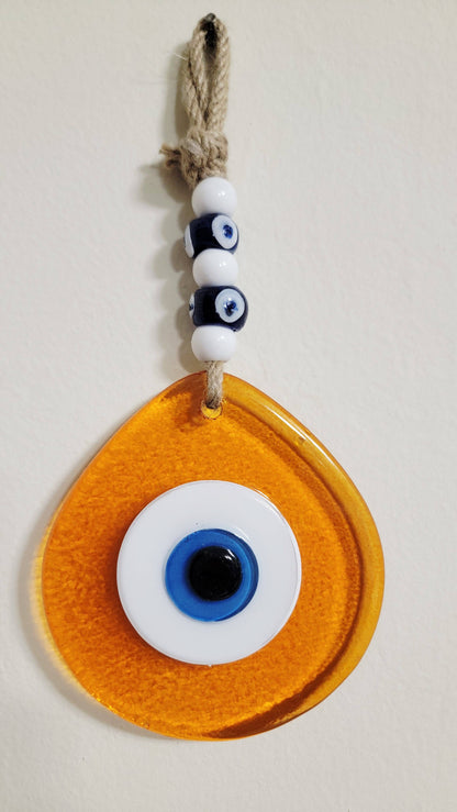 Jumbo Orange Glass Evil Eye Wall Hanging with Beads 10 Inch