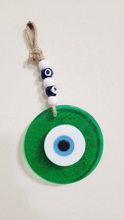Large Transparent Green Glass Evil Eye Wall Hanging Handmade Nazar Home Decor