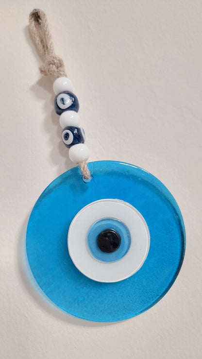 Large Transparent Light Blue Glass Evil Eye Wall Hanging Handmade Nazar Home Decor
