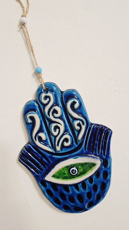 Handmade Ceramic Hamsa Hand Evil Eye Wall Hanging Blue Green 12 Inch